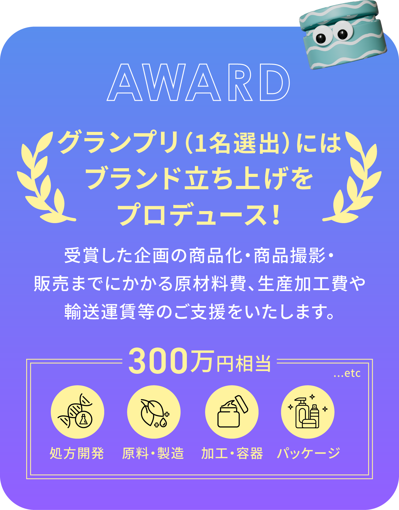 グランプリ（１名選出）にはブランド立ち上げをプロデュース！受賞した企画の商品化～販売までにかかる原材料費、生産加工費や輸送運賃などのご支援をいたします。処方開発、原料・製造、加工・容器、パッケージなどを含む３００万円相当の賞品。